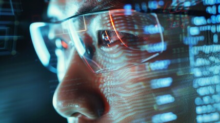 virtual reality, hacking and programming concept - close up of asian male hacker's face in vr glasses with computer program projection
