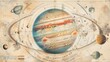 Illustration highlighting the retrograde periods of various planets throughout the year, using a circular timeline with a vintage astronomical map style, detailed with retrograde paths and dates