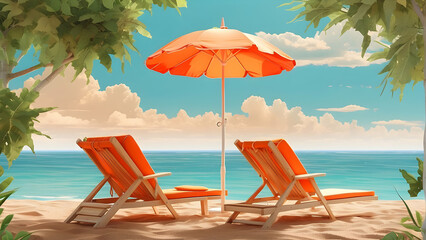Two orange lounge chairs under a large umbrella present a relaxed beach scene with clear blue skies and lush greenery