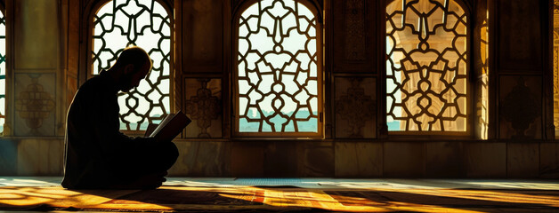 Wall Mural - quran, reading and silhouette of man in mosque with praying for worship, gratitude and healing in sa