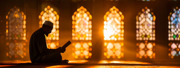 Wall Mural - quran, praying and silhouette of man in mosque with worship for religion, gratitude and peace in sal