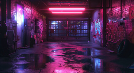 Wall Mural - Grungy dark garage with neon light and graffiti, abstract industrial room background. Theme of warehouse, factory, interior, grunge, industry,