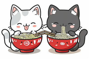 White and grey kawaii cats eating ramen form red bowls