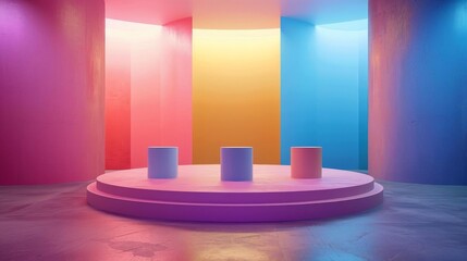 Wall Mural - Brightly lit podium in a sparse setting, highlighting vibrant and colorful products against a subdued background