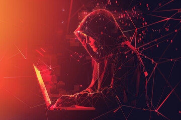 Wall Mural - a man is sitting in front of a laptop with a hood over his head