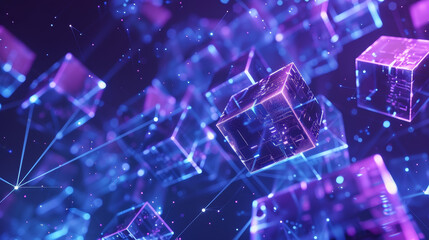 A blue and purple image of cubes with a lot of lines connecting them