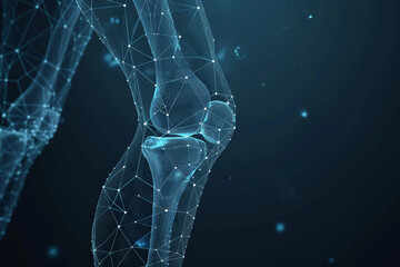 A blue and white image of a knee joint with a lot of detail