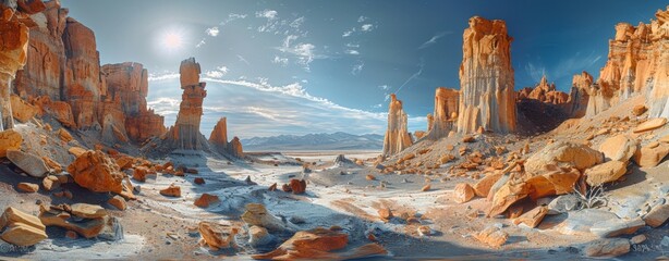 Wall Mural - Retro futuristic Sci-fi wallpaper. Alien planet landscape. Breathtaking panorama of a desert planet with strange rock formations against background of beautiful sky with clouds.