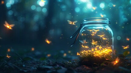 Wall Mural - A jar filled with fireflies, casting a soft glow in the darkness.