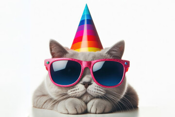 Wall Mural - looking cool cat in party hat and sunglasses on a white background