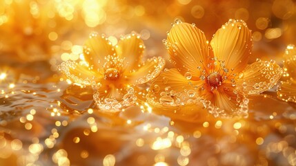   Close-up of two yellow flowers with water droplets on petals