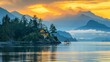3️⃣ League Island, British Columbia at sunrise with the yellow sky and mountains in the background, 