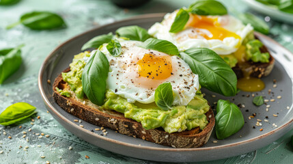 Wall Mural - Creamy avocado toast with a perfectly poached egg and fresh basil.