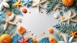 Vibrant Summer Banner with Starfish, Shells, and Tropical Leaves on Sandy Background
