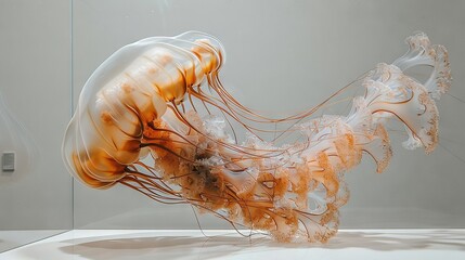   A macro image of a glass-encased jellyfish illuminated from behind its head