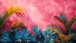 Vibrant Tropical Background with Exotic Palm Leaves on a Pink Textured Wall for Creative Design and Decor