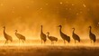 A group of cranes in the early morning on flat ground, with dust flying and a golden light background