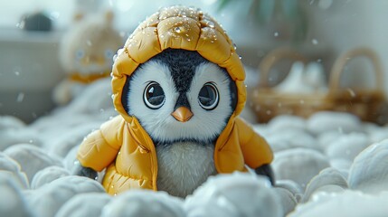 Wall Mural -   Close-up of a toy penguin in yellow jacket and beanie on a bed of snow