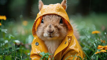 Wall Mural -   A brown rodent in a yellow raincoat amidst green grass and yellow flowers, with droplets on its hood