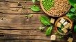 a rustic wood background, showcasing nutritious options like soy-based foods and tofu, ideal for health-conscious individuals seeking plant-based alternatives.