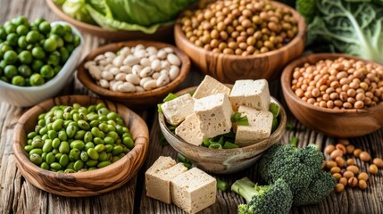 a rustic wood background, showcasing nutritious options like soy-based foods and tofu, ideal for health-conscious individuals seeking plant-based alternatives.