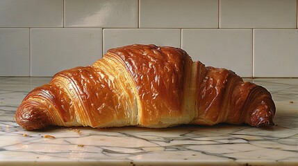 Wall Mural -   Croissant resting on marble countertop before white tile backdrop