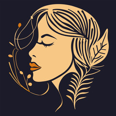 women face in one line art style with flowers and leaves continuous line art in elegant style, 4910