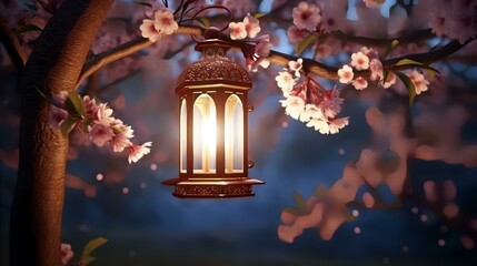 Poster - Lanterns in the night garden with cherry blossoms.