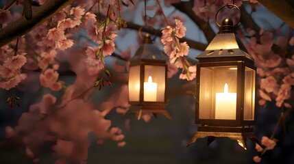 Poster - Lanterns in the night garden with cherry blossoms.