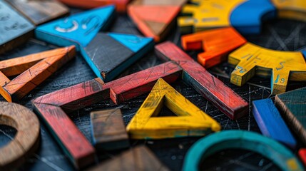 A close-up image of various math fractions laid out on a black table, highlighting the concept of dividing fractions for educational purposes