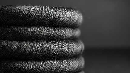    stacks of black and white yarn on a table in black and white