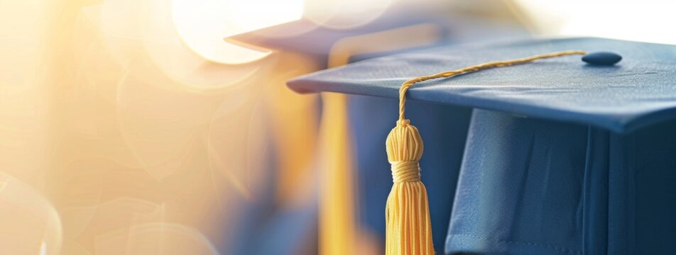 close up of graduation cap on white background, blurred banner for website design Generative AI