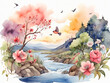 watercolor illustration of a landscape with flowers branches trees river and birds against the sky