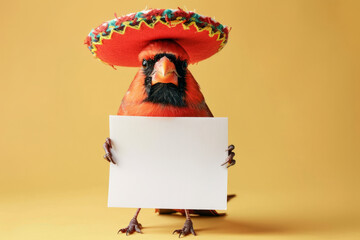 Poster - a cardinal bird dressed in mexican sombrero hat and clothing studio shot