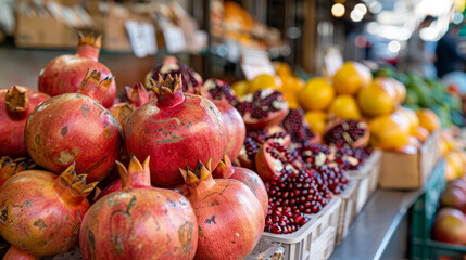 Wall Mural - Fresh pomegranates at a winter market in Tel Aviv, Israel. The pomegranates are ripe and juicy, and are ready to be squeezed for fresh juice.
