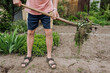 © shchus - An elderly man retired gardener works with a pitchfork in his hands in the spring, removing weeds, grass in the garden outdoors in nature on the farm. Concept of agriculture, gardening.