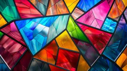 Wall Mural - A high-definition photograph of an abstract background with geometric shapes resembling stained glass in multiple vibrant colors