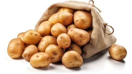 Wall Mural - Potatoes in a burlap bag on a white background. Isolated