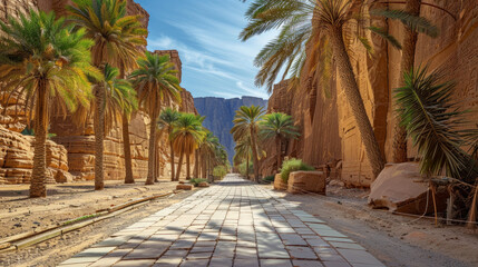 Lined with palm trees, the Heritage Trail in the Alula Oasis is a scenic path in the Saudi Arabian kingdom of Alula.