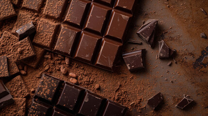 Milk and dark chocolate bars and pieces arranged on a brown surface. Grated cocoa powder sprinkled around, seen from above.