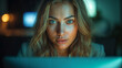 © Wabisabi - Viso di una bella donna in un ufficio moderno illuminata dalla luce dello schermo del pc mentre lavora