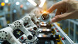 depicting a blurred hand pressing a virtual button that starts a series of automated robotic arms on an assembly line, symbolizing start and control of production, Robotic process