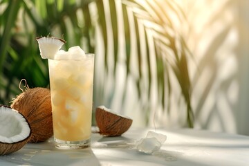 Coconut cocktail against a white background with palm leaf. Tropical drink for summer party. Refreshing beverage concept. Exotic fruit lemonade