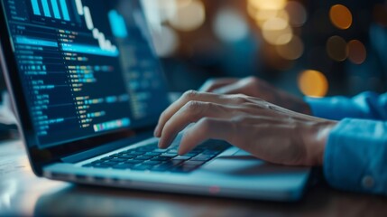 Analyst computer working with information database to analysis marketing sale data. Business project or program strategy planning and development for corporate operating finance and investment concept