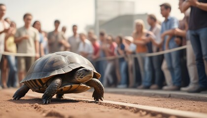 a turtle walking on a track, with a blurred crowd of people in the background , concept of Tortoise and the Hare