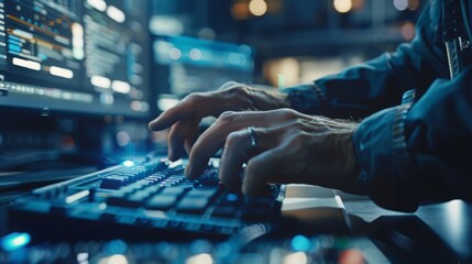 Programming, developer and hands on computer for coding, software script or cyber security in office. Closeup of IT technician person with technology for typing code, future and data analytics