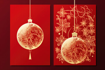 Wall Mural - Two gold Christmas holiday cards on a red background: one with a floral design, the other with stars.