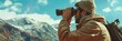 Man looking through binoculars, naturalist, spy, wildlife observation outdoors on sunny day