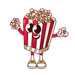 Wall Mural - Groovy popcorn bucket cartoon character holding corn flakes. Funny retro popcorn box with smile, cinema party mascot, food snack for film cartoon sticker of 70s 80s style vector illustration