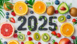 Fruit 2025 Numbers, berry New Year greeting card, juicy ripe orange celebrate banner, citrus mix eve
